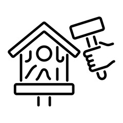 Linear icon of a birdhouse being built with a hammer
