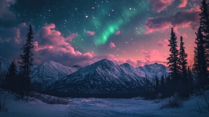 Northern Lights in Alaska painting the sky with green and pink lights over rugged wilderness