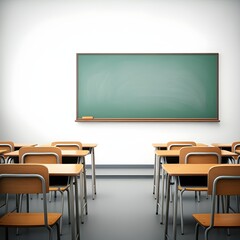 Empty classroom interior with rows of desks and chairs facing a large chalkboard, captured in hyper-realistic 4K HDR detail, set against a solid white background for a clean, minimalistic effect. Keyw