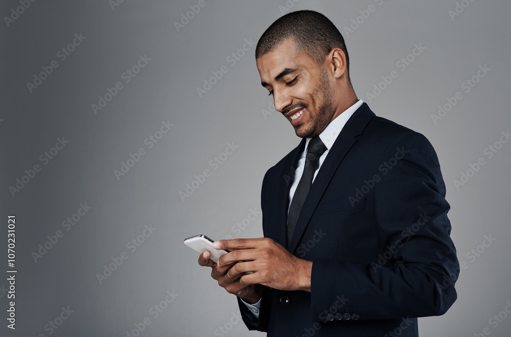 Poster Business, studio and happy man with phone, typing or online chat for networking on mockup space. Thinking, smartphone and businessman on mobile app for search, connection or scroll on grey background