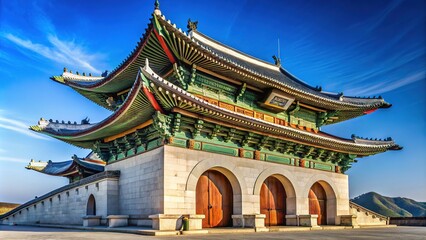 Fototapeta premium AI's vision: Gwanghwamun Gate against a vibrant, cloudless blue sky.