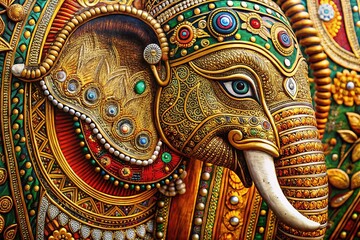 AI Tanjore Elephant, Madhubani Art, Gold Silver Decoration, Macro Photography