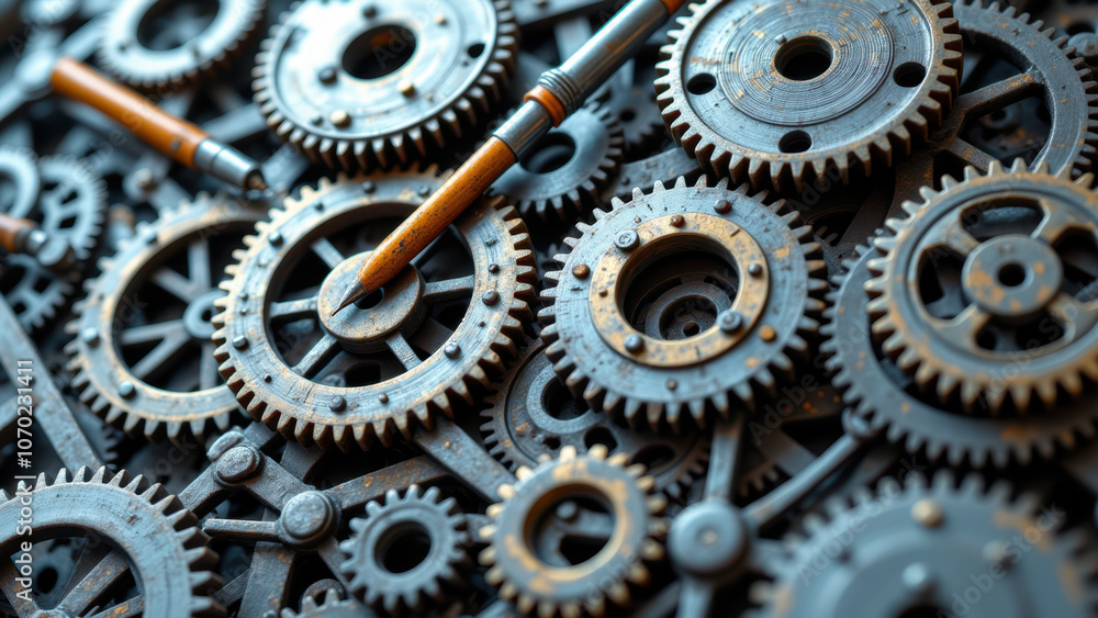 Aufkleber close-up of a complex assembly with gears and machinery for robotics or automation projects.
