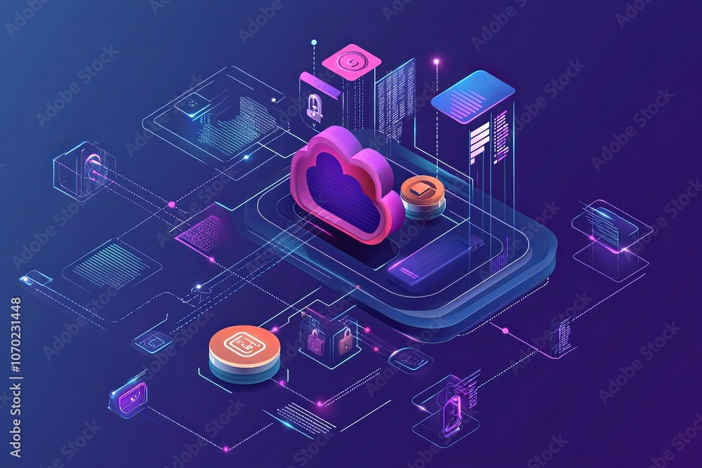 Poster conceptual illustration of cloud computing with data storage and security symbols in a vibrant digit