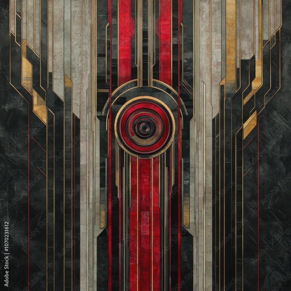 Poster abstract geometric design with circular elements on a textured background.