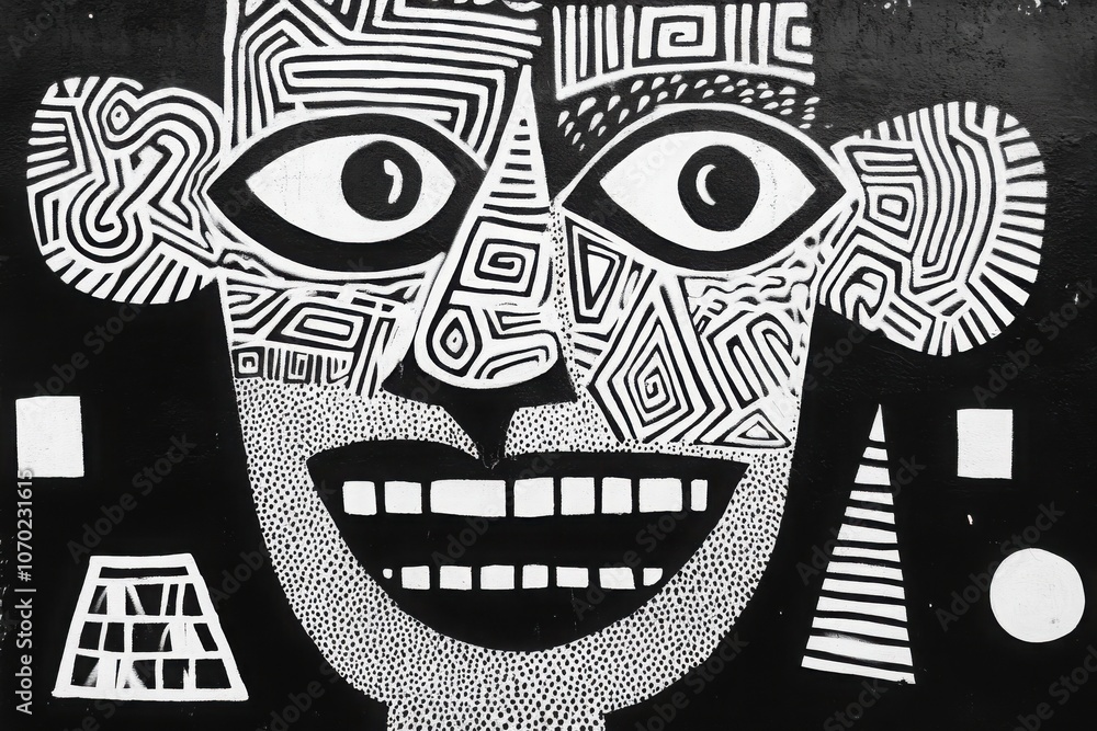 Poster abstract face with geometric patterns on a black background, artistic expression.