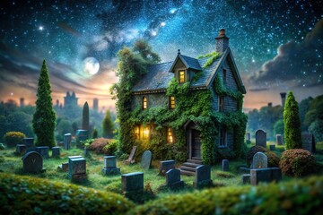 Fototapeta premium A miniature world of eerie charm: haunted house and tombstones under a tilt-shift sky.