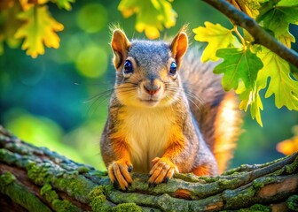 Fototapeta premium An adorable squirrel graces an oak tree in park, digitally captured.
