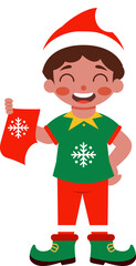 Joyful Christmas Elf Boy Holding Stocking Festive Holiday Illustration