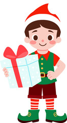 Cute Christmas Elf Boy Holding Gift Holiday Illustration