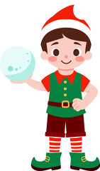 Cute Christmas Elf Boy Holding Snowball Holiday Fun Illustration