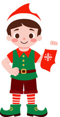 Cute Christmas Elf Boy Holding Stocking Holiday Illustration