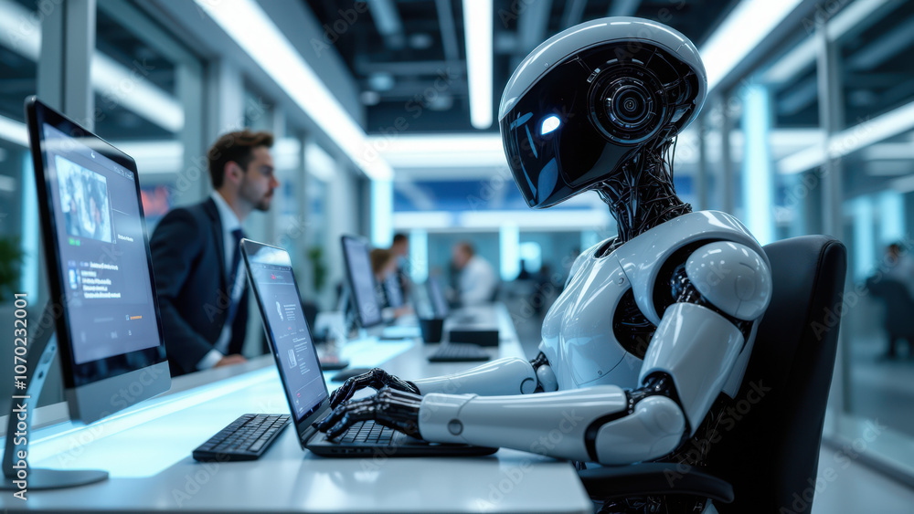 Poster futuristic robot at a workstation interacting with computer equipment in an office setting.