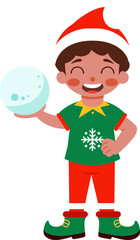 Happy Christmas Elf Boy Holding Snowball Winter Holiday Fun