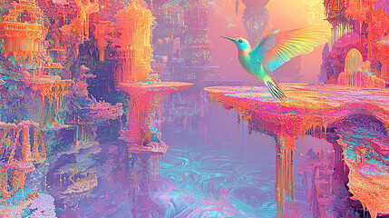 art,  water, design, fish, illustration, painting, pattern, sea, nature, color, flower, colorful, paint, in a dreamscape the surface reflects the early mor, untry, generative ai, landscape, arc
