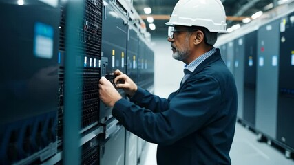 Elder engineer examining a computer server in an industrial factory, ensuring optimal performance and reliability in crystal-clear 4K resolution