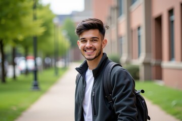 Fototapeta premium Happy Young Man Smiling in Urban Street Setting, Perfect for Advertising, Marketing, and Social Media Campaigns