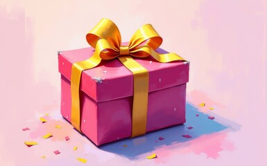 Vibrant pink gift box with a shiny golden ribbon and confetti on a soft pastel background