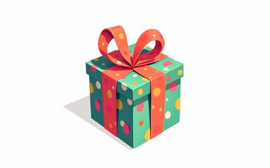 Obraz premium Colorful polka dot gift box with a vibrant ribbon and bow on a white background