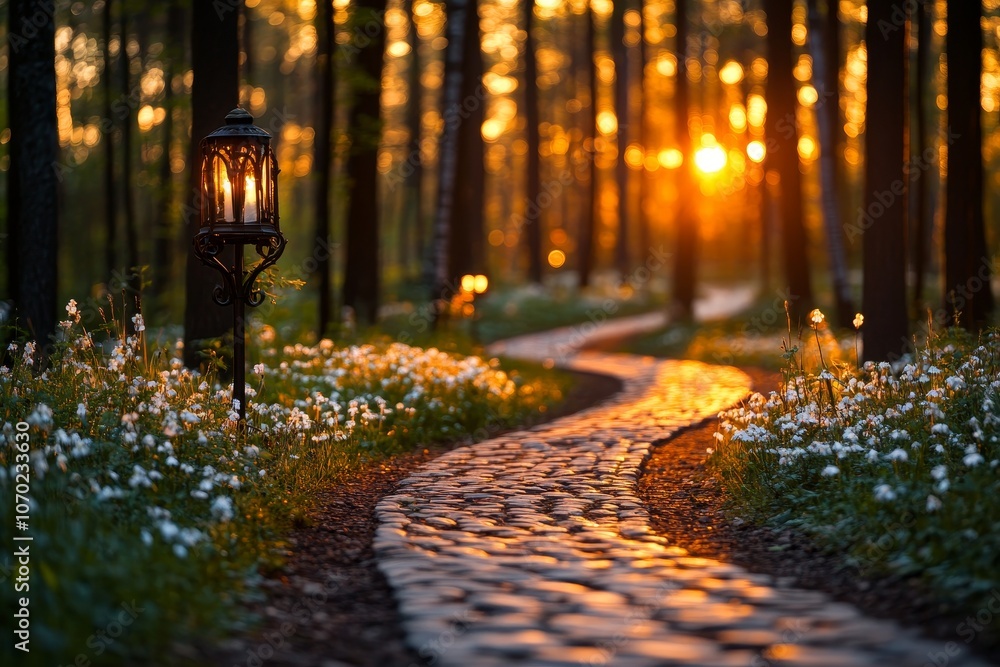 Poster sunset casting golden light on a winding path through a flower-lined forest with lanterns glowing so
