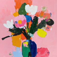 Abstract Oil Painting Floral Vase Illustration
