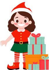 Happy Girl Elf Christmas Presents Holiday Cheer Illustration