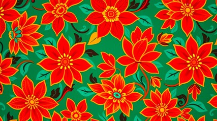 Seamless pattern featuring vibrant red and orange flowers on a rich teal background, showcasing intricate details and a classic floral motif.