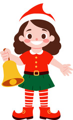 Cute Christmas Elf Girl Holding Bell Holiday Illustration