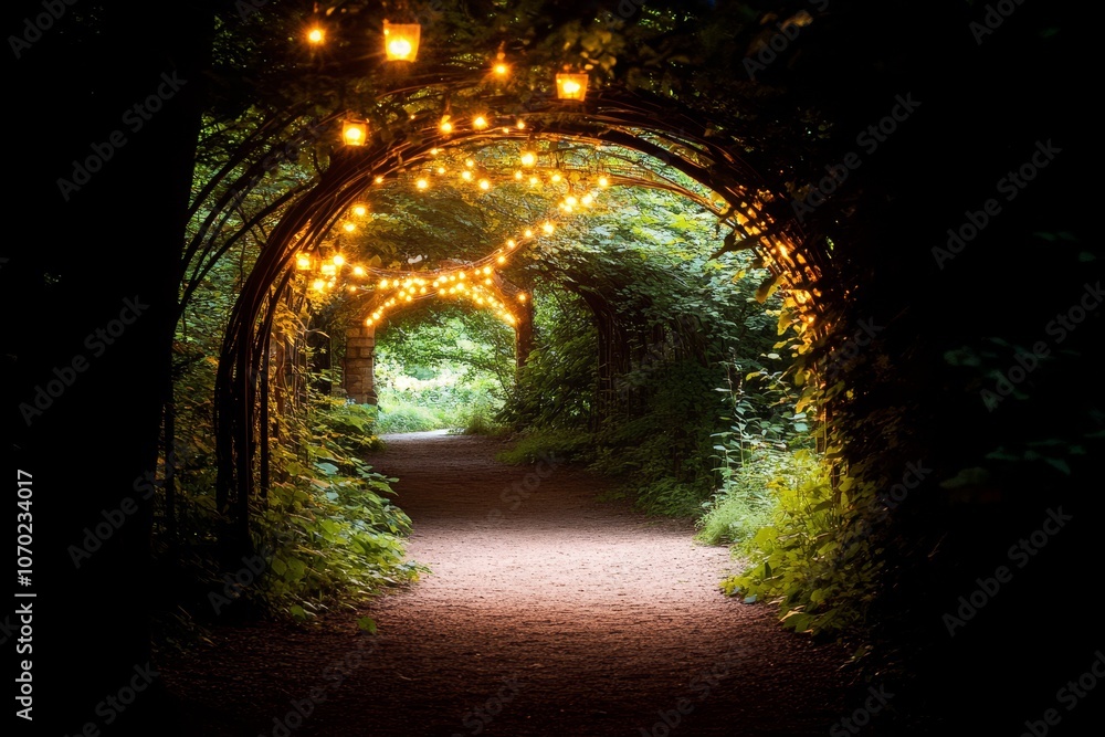 Poster a serene garden path illuminated by string lights in a lush green forest during the evening hours