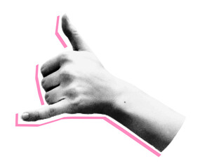 Trendy halftone collage element. Cut-out sticker of a shaka hand emoji gesture with dotted texture. Modern retro vector illustration isolated on transparent background © ugguggu