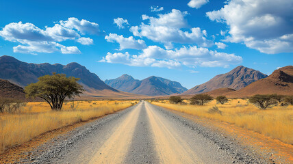 Fototapeta premium Endless gravel road stretching through Namibia's vast and beautiful landscapes under clear skies