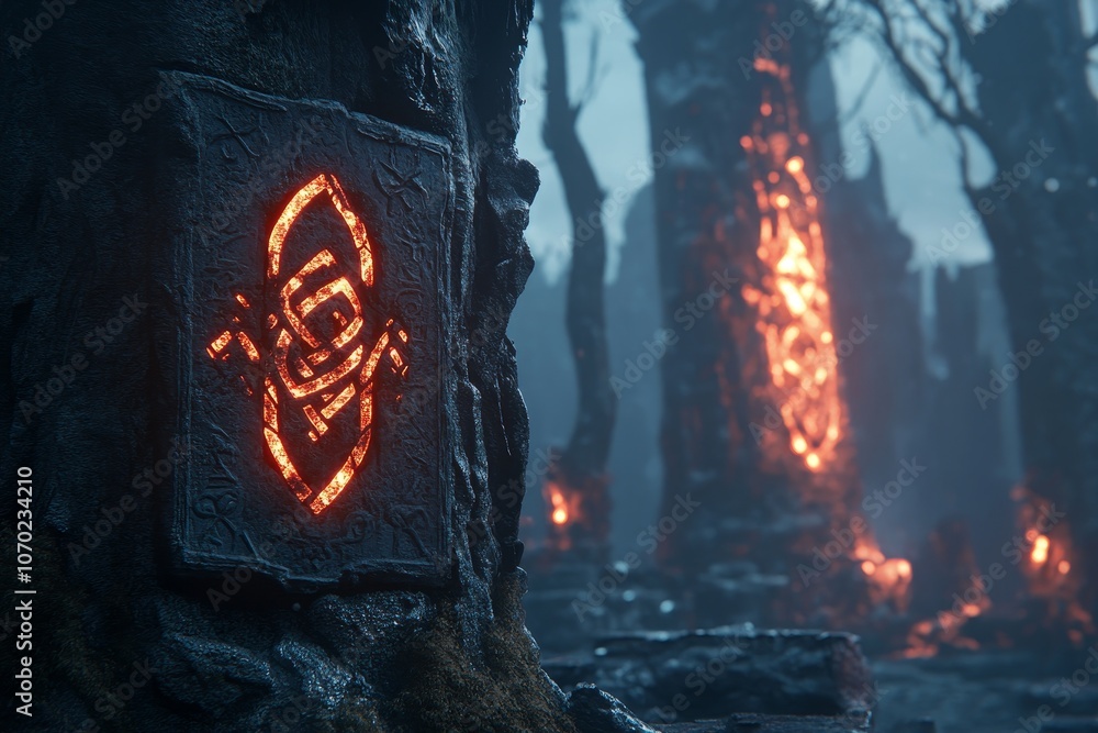 Poster glowing ancient symbols illuminated in the misty forest at twilight, surrounded by mysterious stone 