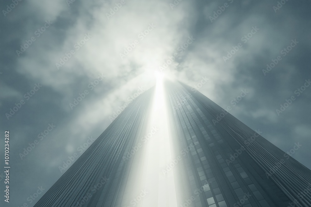 Poster large-scale skyscrapers in a virtual metropolis with a spotlight casting into a cloudy sky