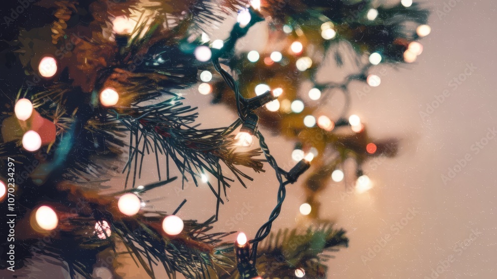 Poster christmas background with glowing lights on a pine tree, featuring empty copy space for festive mess
