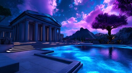 Majestic Courthouse with Iridescent Columns at Night