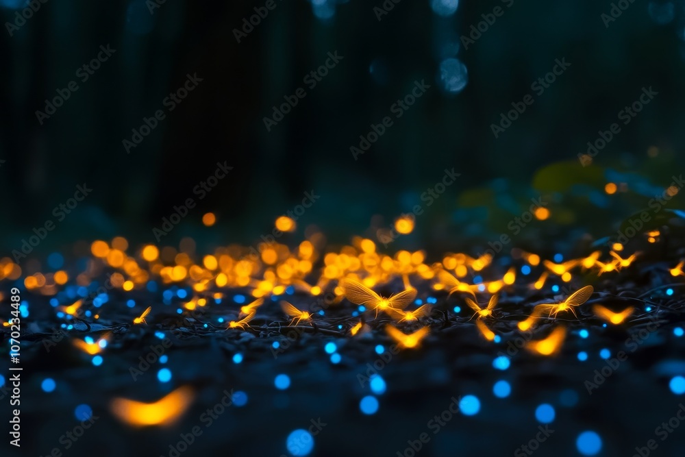 Poster a mesmerizing display of fireflies illuminating a forest floor during twilight hours with enchanting