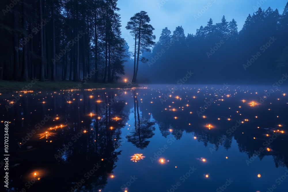 Poster tranquil evening at a serene forest lake illuminated by floating lanterns under a twilight sky