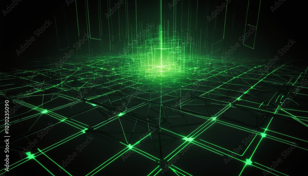 Poster abstract technology background with glowing green grid and network structures for digital innovation