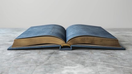 An old blue book on a marble table, aged pages, elegant setting, symbolizing classic intellect and timelessness.