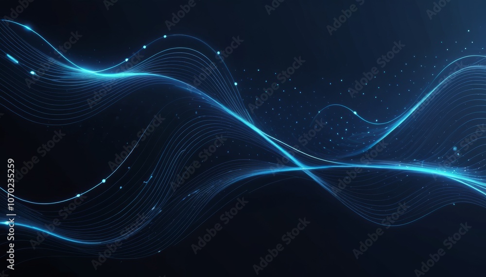 Poster abstract technology background with flowing blue lines and dots in a modern style