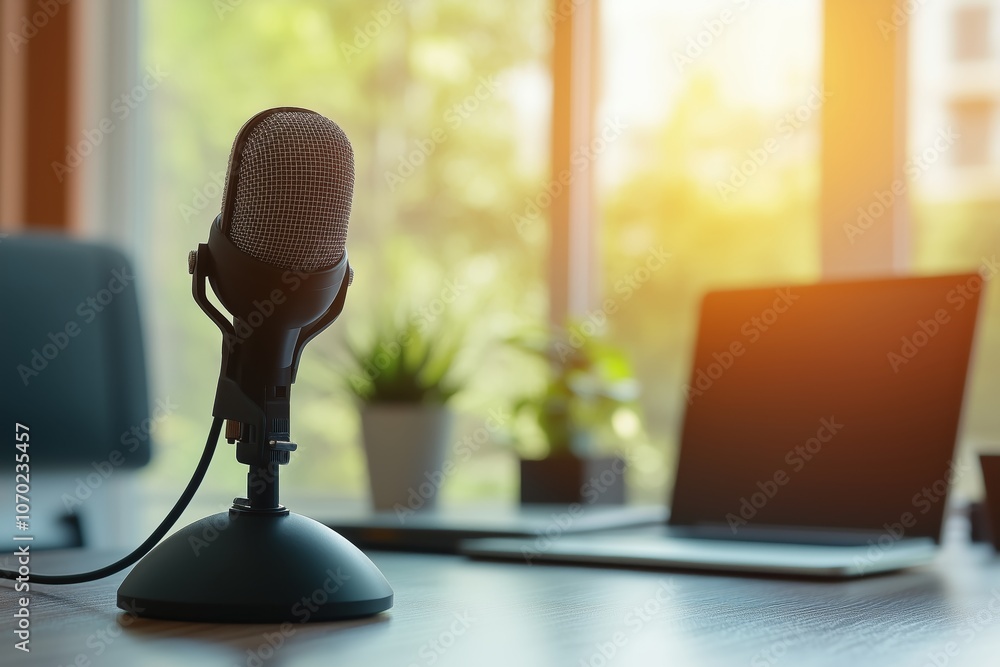 Poster microphone setup in a radio station's recording studio showcasing the workspace of a radio broadcast