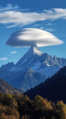 Fototapeta premium Cap clouds forming over tall mountain peaks, shaped like smooth caps hovering just above the summit