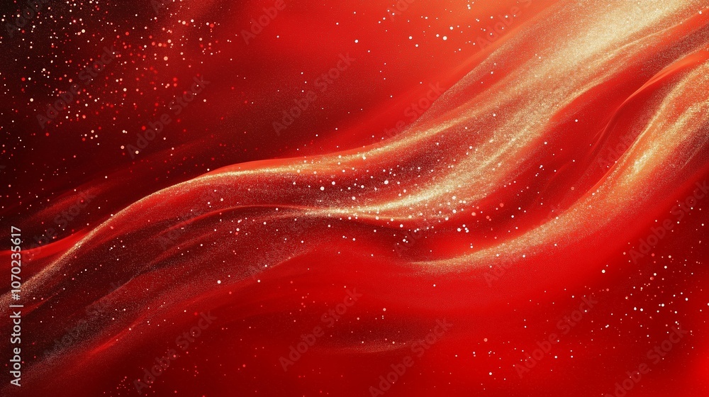 Poster vibrant red abstract art with flowing waves and shimmering particles creating a dynamic and captivat