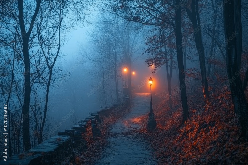 Poster a foggy evening walk along a tree-lined path illuminated by street lamps in a serene forest setting 
