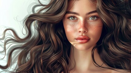 Fototapeta premium Portrait of a woman with freckles, curly hair in motion, green eyes, and serene expression. Makeup highlights her features, exuding confidence and vitality.