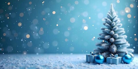 Christmas tree with blue decorations and gifts on winter bokeh background, new year 2025, copy space, congratulations, cards