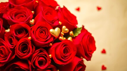 A delicate bouquet of crimson roses adorned with golden heart accents on a soft beige background.