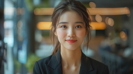 Young Asian businesswoman in a black blazer with hair tied back smiles warmly at the camera, exuding a friendly vibe in the portrait.