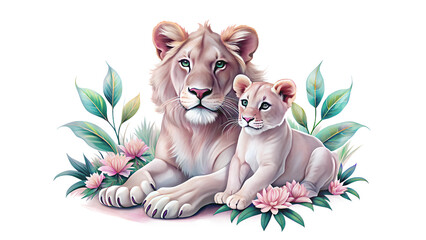 A lioness with a lion cub in a cute illustration surrounded by flowers and leaves in a soft pastel color palette on a transparent background.
