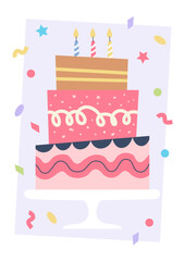 Happy birthday greeting card. Cute colorful party cake with candles. Vector illustration template